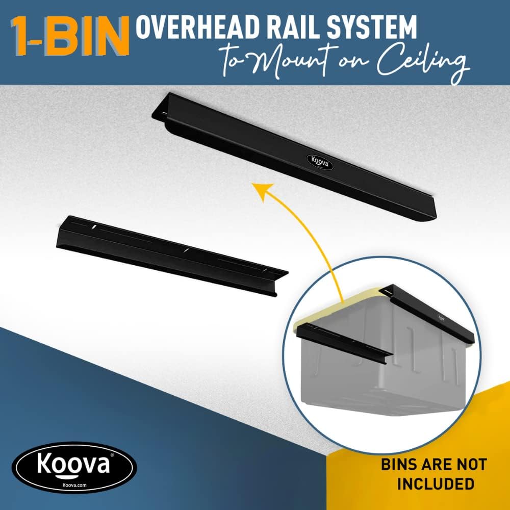 Koova Heavy-Duty Overhead Garage Storage Rack for 1 Bin. Adjustable Width, 40lb Capacity. DIY Super Safe Ceiling Mount, Easy 4-Bolt Install. Fits 27-Gallon Tote. USA Made Steel. Space Saving Organizer
