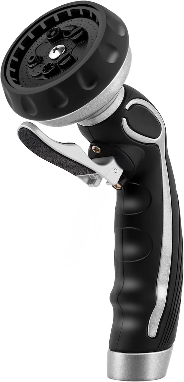 RESTMO Hose Nozzle with Easy Self-Lock Trigger, Heavy Duty Metal Water Hose Sprayer with 9 Spray Patterns and On/Off Valve, Ideal for Outdoor Lawn & Garden Watering, Car & Pet Washing, Silver