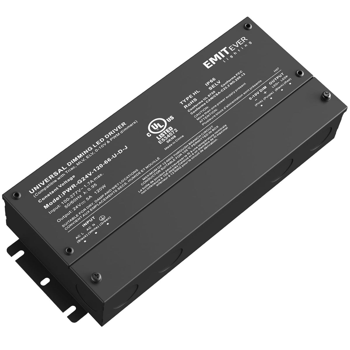 EMITEVER 120W Dimmable LED Driver, 24V Triac Dimmable Power Supply, AC to DC Transformer for LED Light, Compatible with Lutron and Leviton Dimmer, Waterproof IP67 and UL Listed