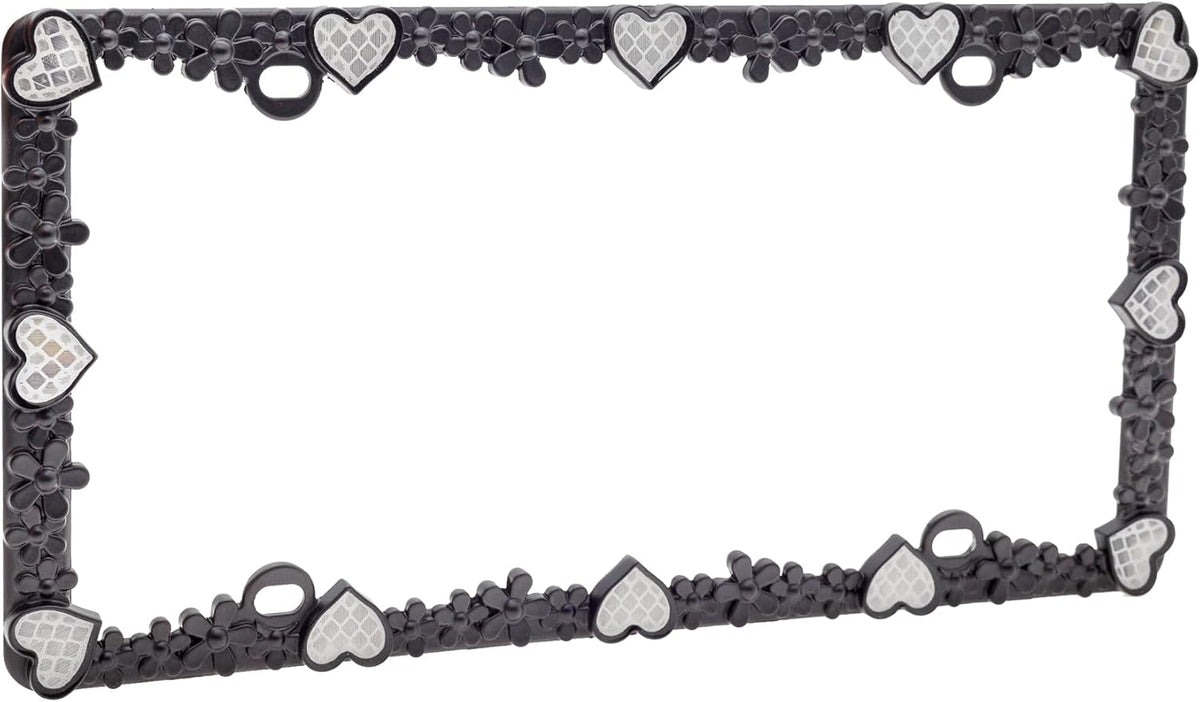 Creathome 3D Daisy Heart License Plate Frame from Pure Zinc Alloy Metal Perfect Plate Holder, Matt Black Daisy with Silver Reflective Heart