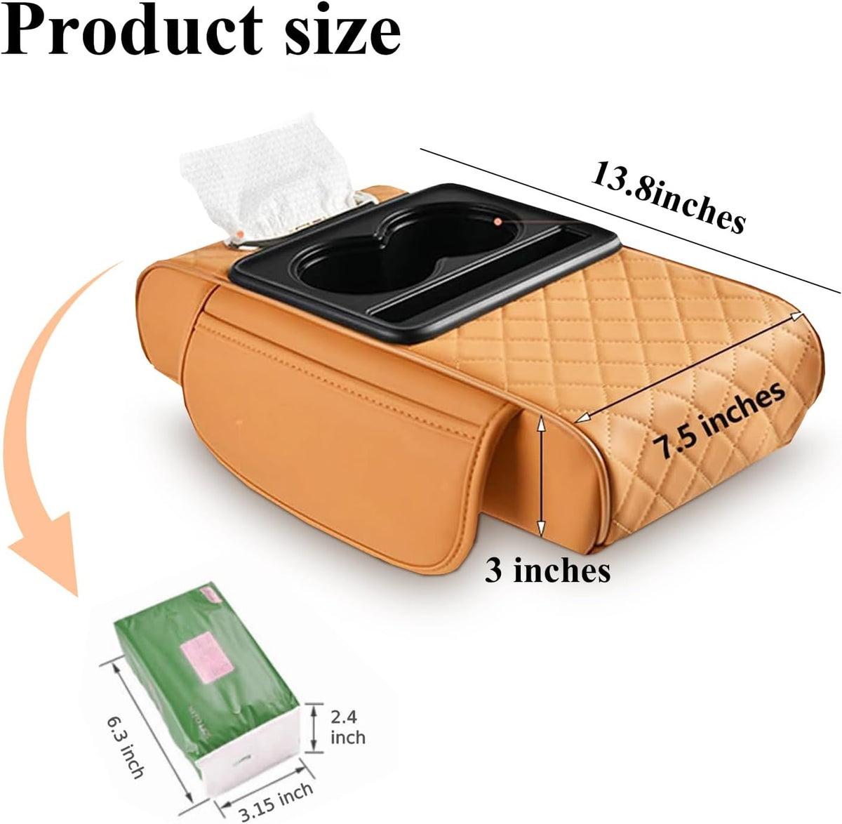 Car arm Rest Cover Pad, 5-in-1 Center Console Cover with Cup Holder, Tissue Box Slot, Mobile Phone Storage Slot, Suitable for Most Car Console Organizer, 13.8''x7.1''x3.0'', (Orange)