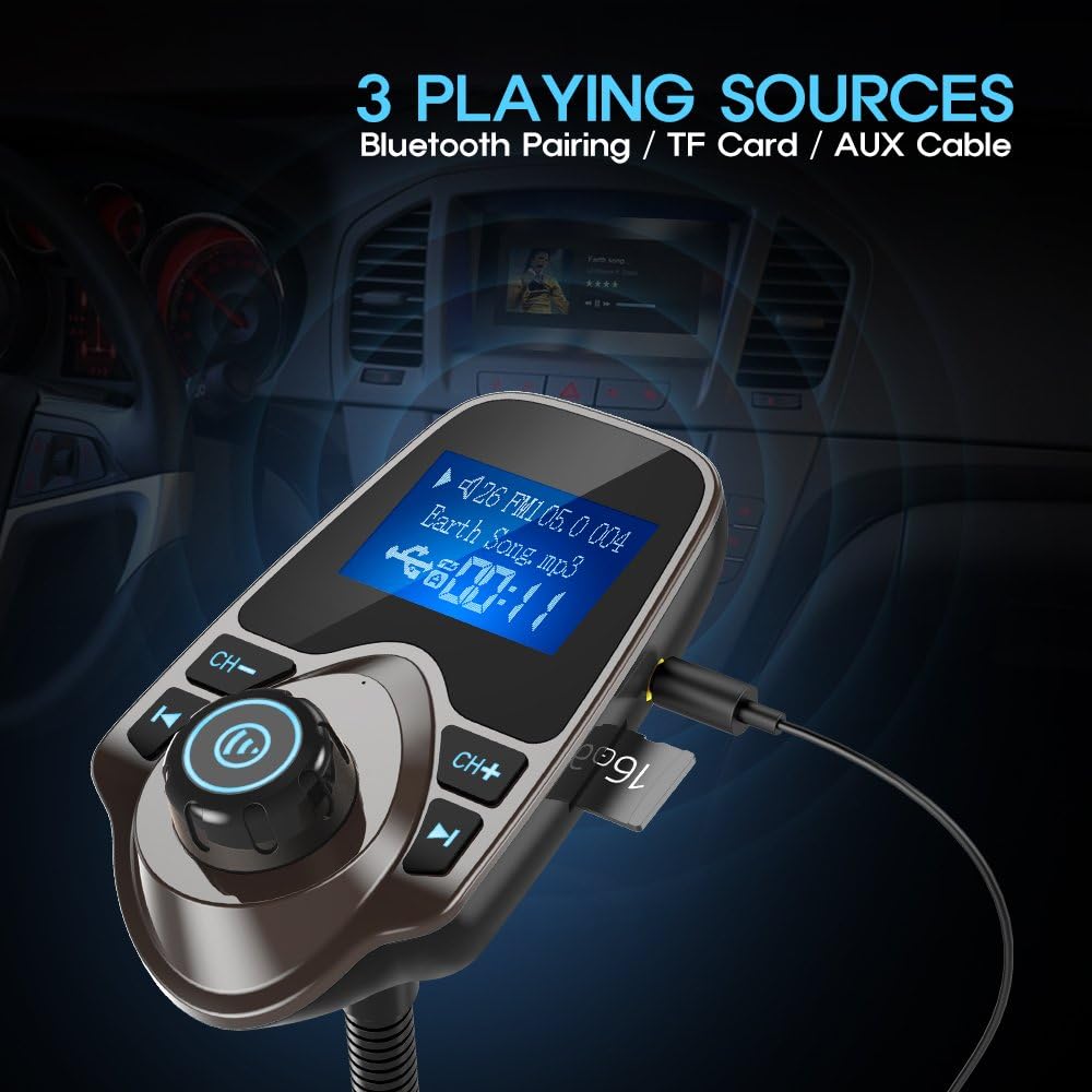 Nulaxy Bluetooth Car FM Transmitter Audio Adapter Receiver Wireless Handsfree Car Kit TF Card AUX 1.44 Display – KM18 Brown