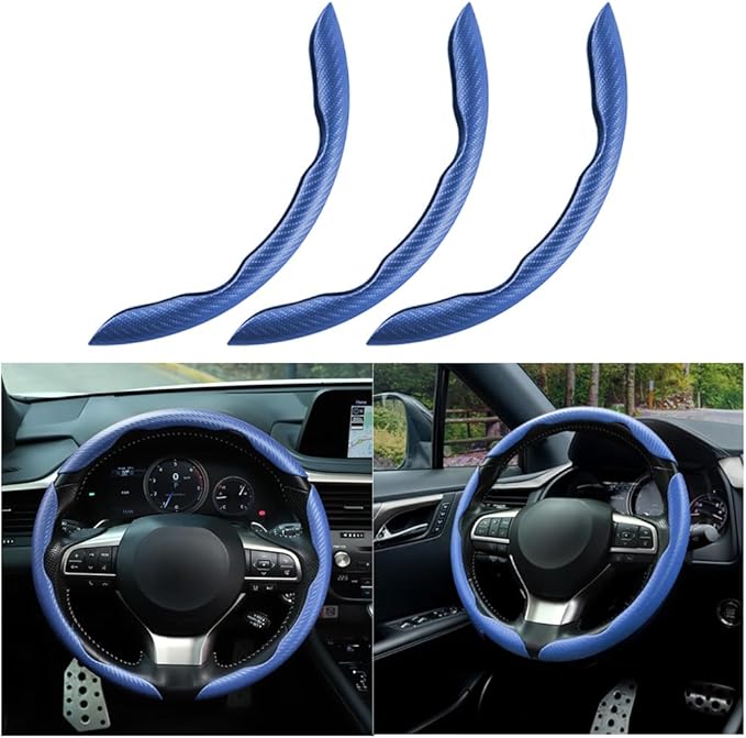 Mandark 3PCS Carbon Fiber Car Steering Wheel Cover, Anti-Skid Leather Vehicle Segmented Steer Wheel Protector, Auto Interior Protection Guard Accessories, Universal for Most Cars (Blue)