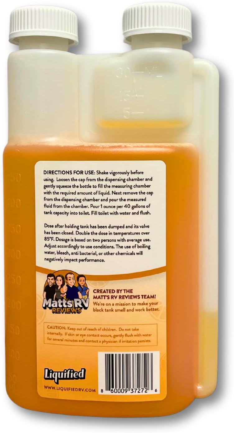 Liquified RV Toilet Treatment - Black Holding Tank Digester - Odor Eliminator - Orange Scent - Matts RV Reviews (Orange, 16oz)