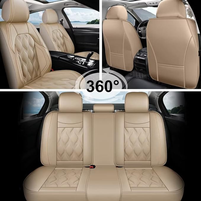 AOMSAZTO Full Set Car Seat Covers Fit for Ford Focus 2009-2018 Leather Automotive Cushion Waterproof Covers Seat Protector with Airbag Compatible (5Seats,Beige)