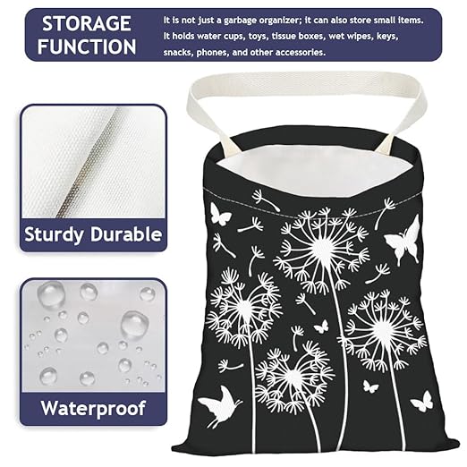 Dandelion Print Car Trash Bag Hanging Garbage Bag with Snap Buttons Car-Back Seat Trash Storage Portable Dustbin for Car Interior Accessories Travel Camping