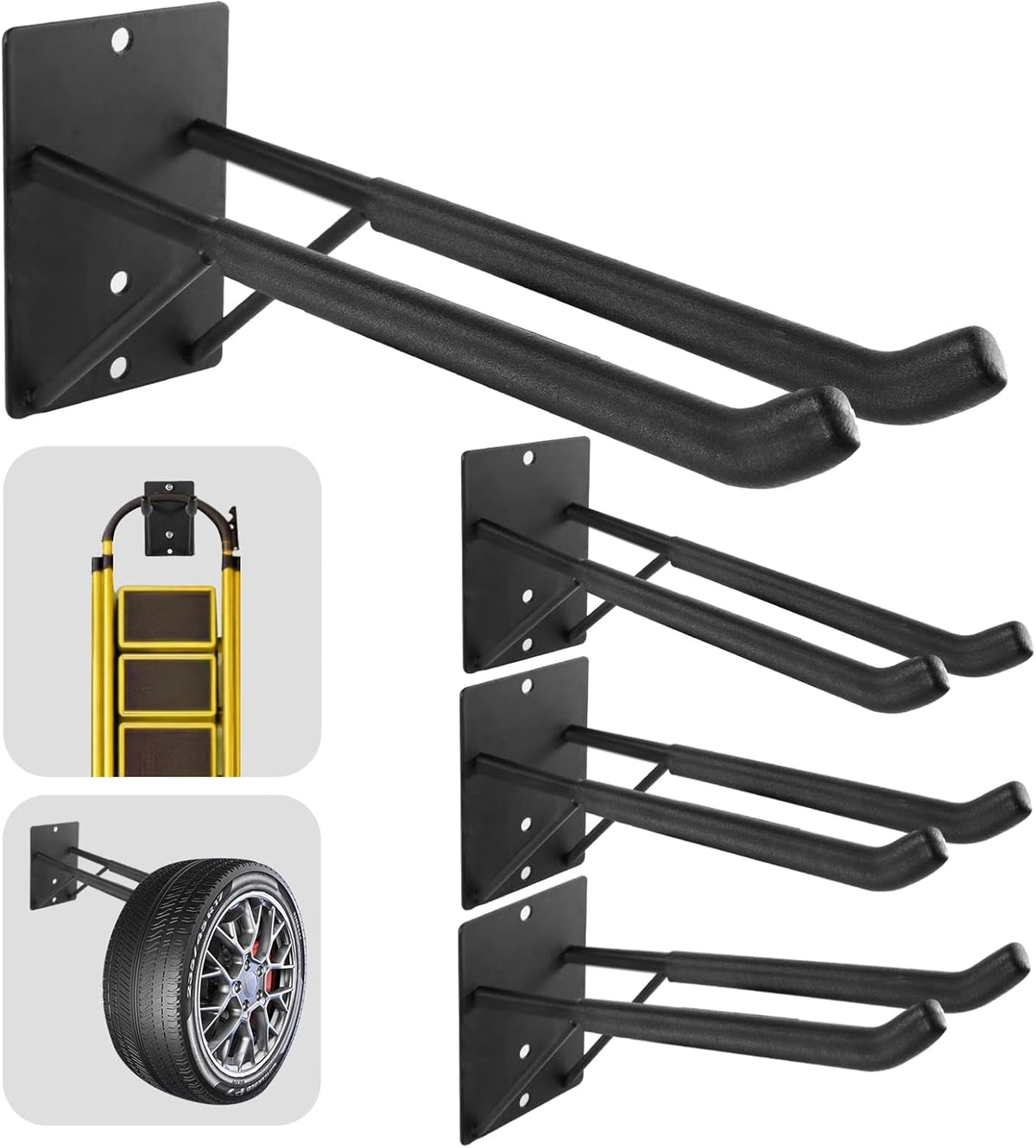 14" Large Heavy Duty Garage Hooks, 4-Pack Steel Garage Storage Hooks with Support Rods, Utility Wall Mount Hangers for Power Tools, Car Tires, Ladders, Chairs, Garden Tools and More