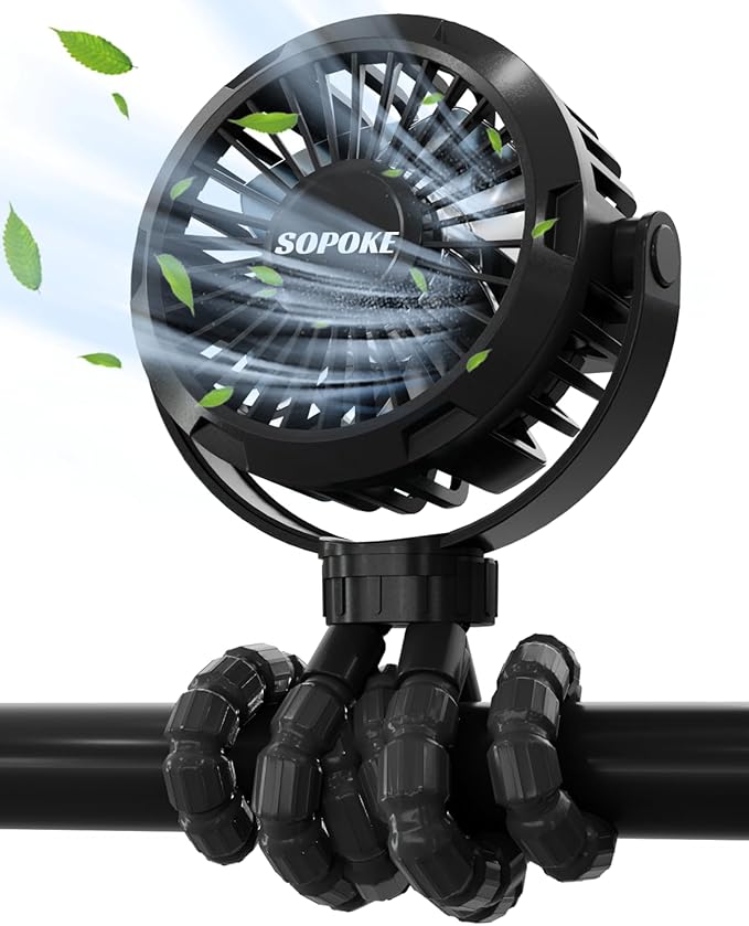 Mini Portable Baby Stroller Fan,3 Speed Personal Handheld Fan,Battery Operated Rechargeable 360° Flexible Tripod Cooling Fan, Suitable for Car Seat Crib Treadmill Golf Cart Travel(Black)