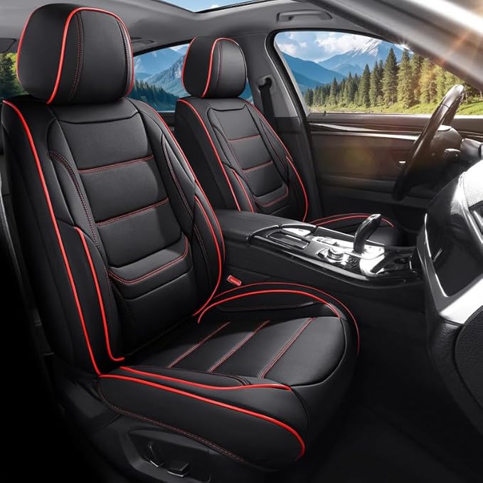 Car Seat Covers Full Set Custom Fit for Ford Bronco Sport 2021-2026-Luxury Leather with Lumbar Support, Breathable, Waterproof, Anti-Slip, Durable, Easy to Install (Black&Red,Full Set)