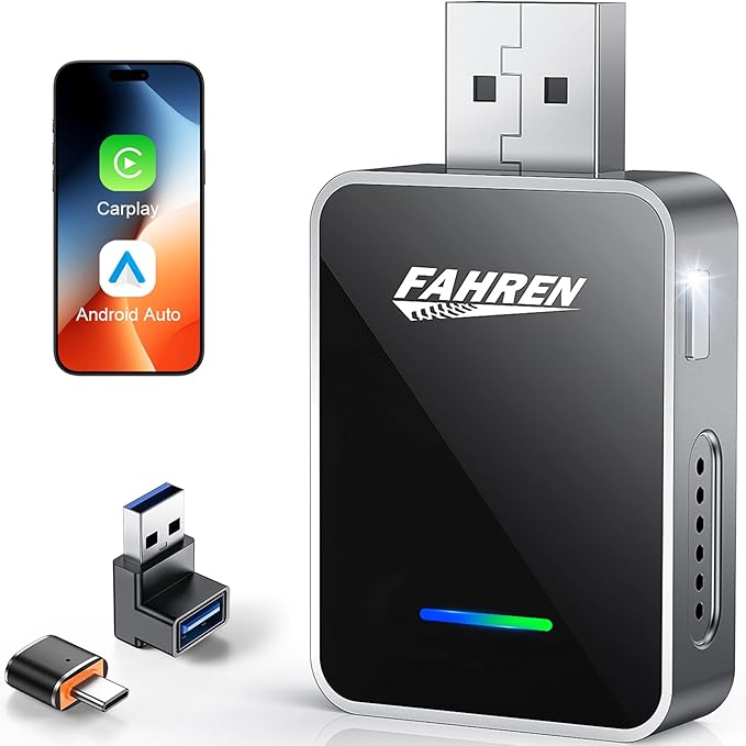 FAHREN 2-in-1 Wireless CarPlay & Android Auto Adapter, One-Click User Switching Car Play Wireless Adapter, Converts Wired to Mini Bluetooth Carplay adapter, Compatible iOS & Android with USB A & USB C