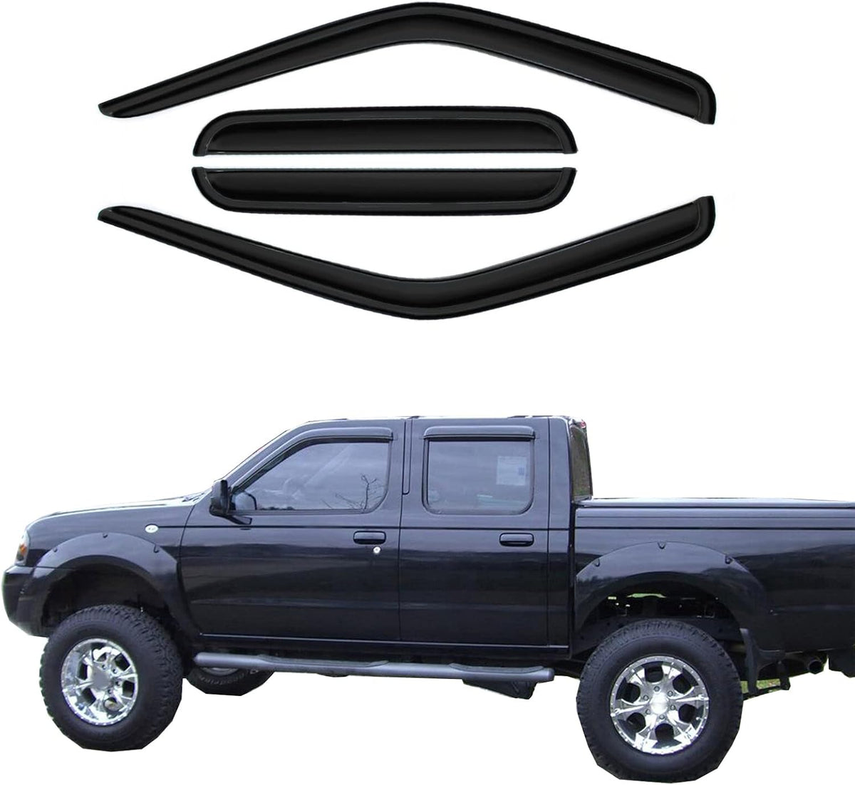 Wind Deflector Compatible with 2000-2004 Nissan Frontier Crew Cab 4 Full Size Doors Smoke Sun/Rain Guard Window Visors 94627