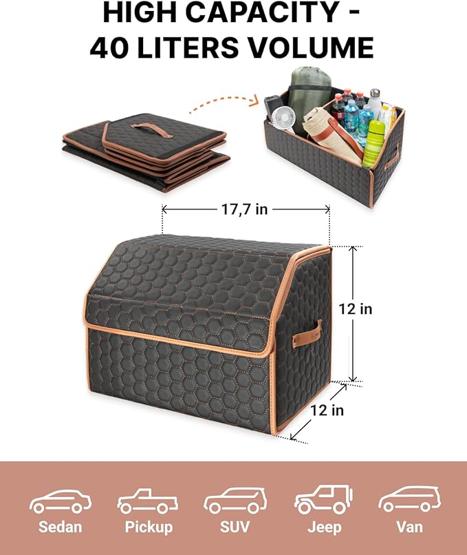 Owleys Sedan Trunk Organizer 17.7" Storage Tote For Groceries, Tools & Travel Gear - Foldable Eco-Leather Car Crate With Magnetic Lid | Stylish Presents For Drivers | Black-Brown (Hexy 17)