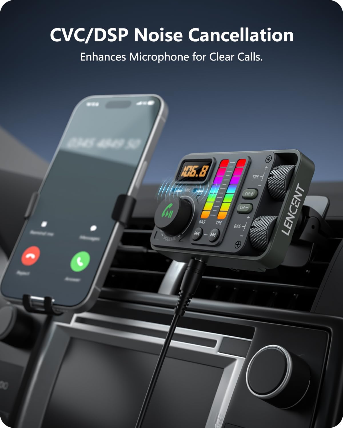 LENCENT Bluetooth Car Adapter, Bluetooth 5.3 FM Radio Transmitter with Hi-Fi Treble & Bass Music Player, PD20W and QC18W Fast Charger, Dual Mics for Hands-Free Call, Siri & Google, U Disk/3.5mm AUX