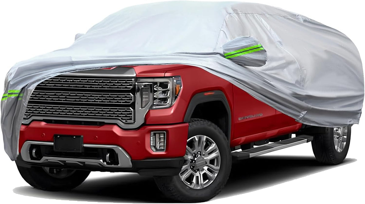 TUCAREST 6-Layers Heavy Outdoor Pickup Full Car Cover Hard Shell Zipper Design Waterproof All Weather Weatherproof UV Sun Protection Snow Dust Storm Resistant with Straps (Fit for UP to 230"-260")