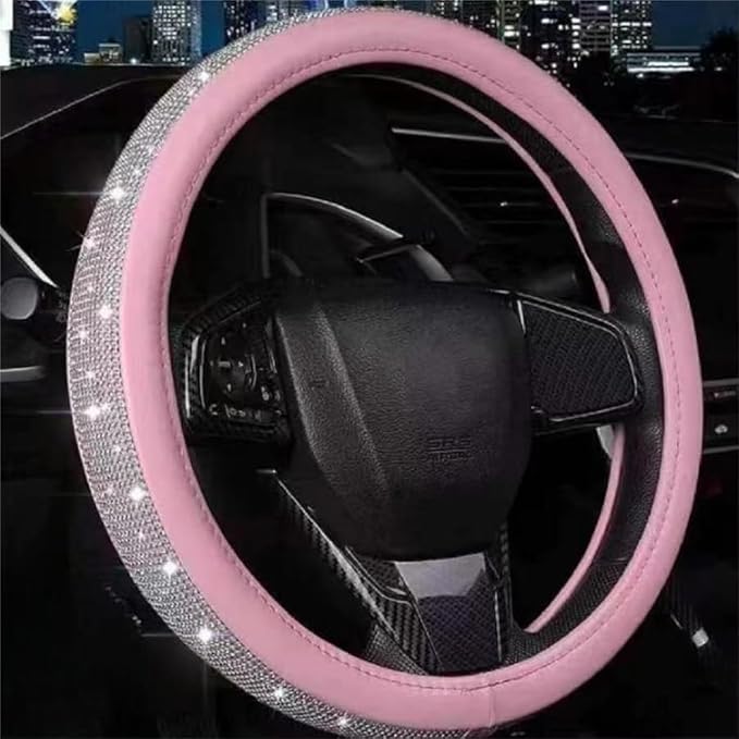 Steering Wheel Cover Women Pink Bling Diamond Steering Wheel Cover, Leather Cute Steering Wheel Covers with Crystal Rhinestones, Breathable, Anti-Slip Universal Fit 14.5-15 Inch Bling Car Accessories