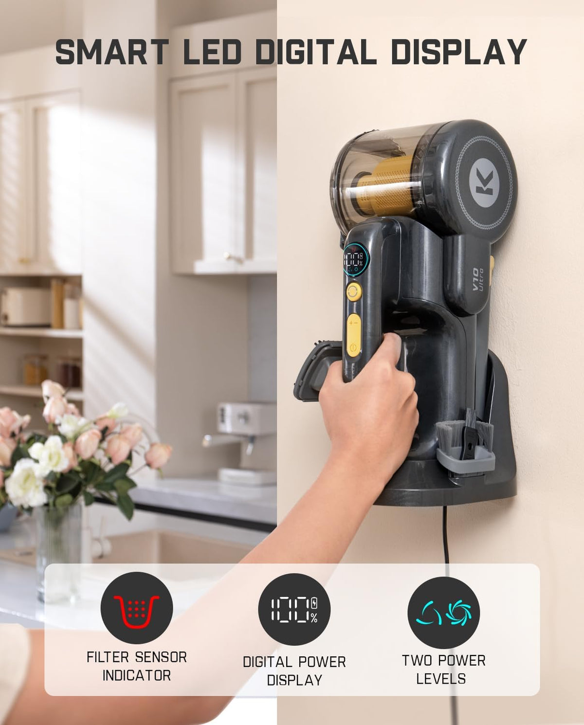 Fanttik Fold V10 Ultra Deluxe Handheld Vacuum Cordless, 17kPa Suction Power, Charging Base, Pivot Nozzle, Up to 35 Mins Runtime, Smart LED Display, Cordless Dustbuster Vacuum for Home, Car