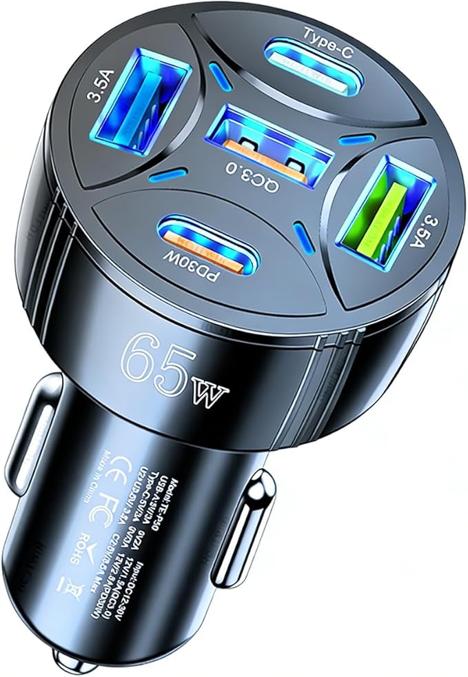 Super Fast Charging USB-C Car Charger Adapter, 65W 5-in-1 Multi-Port PD30W & QC3.0 Cigarette Lighter USB Charger for iPhone/Android/Samsung/iPad Pro (Black)