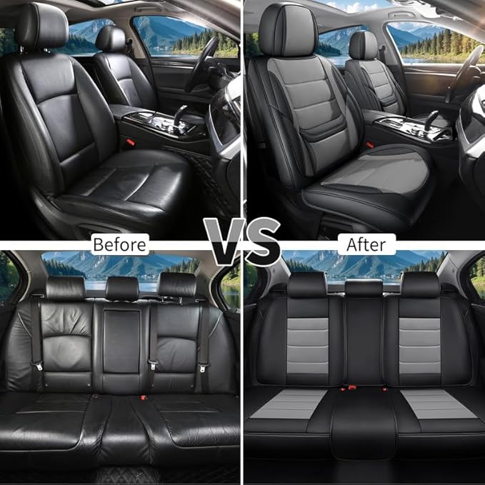 Car Seat Covers Full Set fit for Chevrolet/Chevy HHR 2006-2011 , Premium Faux Leather Waterproof Car Seat Protectors with Lumbar Support, Breathable Anti-Slip Auto Seat Covers(Black&Gray,Full set)