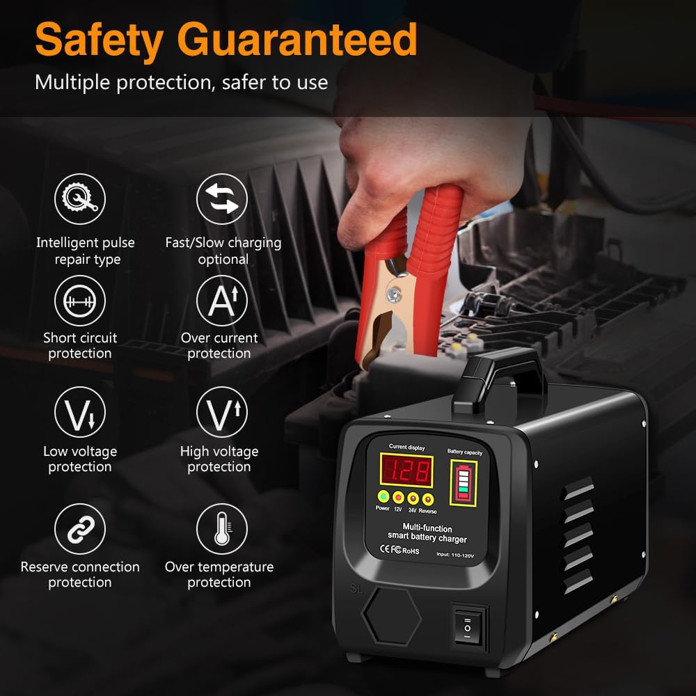 Outerman Car Battery Charger,24V/12V Fully-Automatic Battery Charger for Lead-Acid Batteries,Fast Charging Battery Maintainer/Trickle Charger/Battery Desulfator,for Large Capacity: 6~300AH