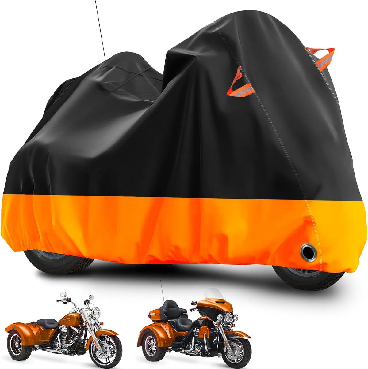 Trike Motorcycle Cover, Outdoor Waterproof Vehicle Cover with Windproof Buckle Reflective Strip for Harley Davidson, Honda Gold Wing, Kawasaki 3 Wheel Motorcycle Accessories (Black&Orange)