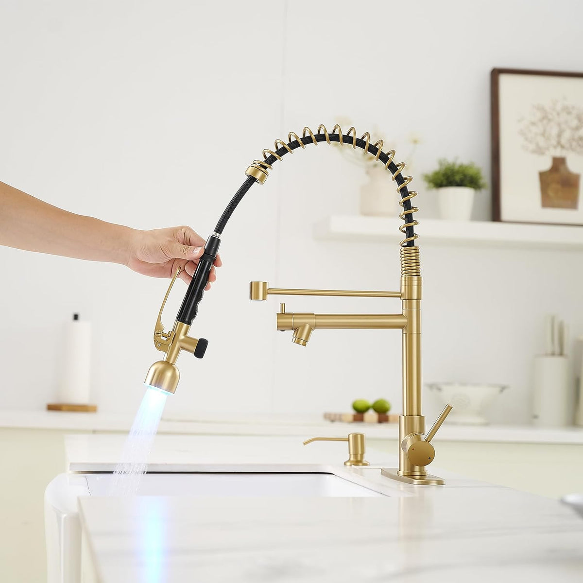 Fapully Commercial Kitchen Faucets with Pull Down Sprayer Brushed Gold LED Single Handle Faucet for Kitchen Sink, Kitchen Faucet with Soap Dispenser and Deck Plack for 4 Hole
