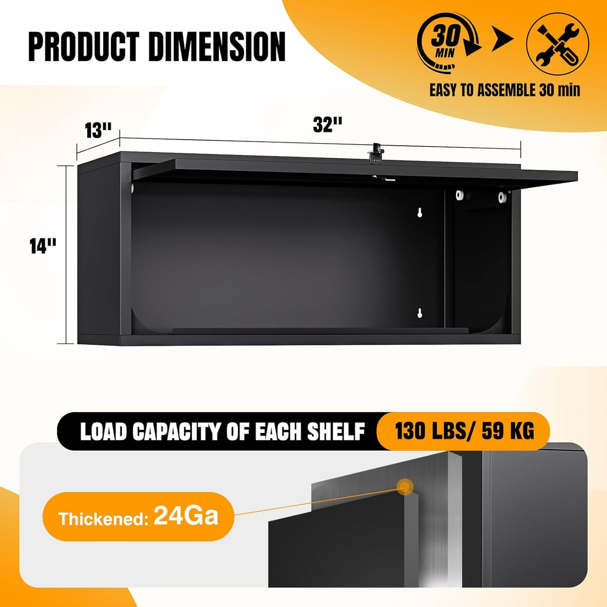 Small Wall-Mounted Locking Cabinet Metal Garage Storage Cabinet Hanging Medicine Lockable Steel Utility Floating Tool 14" H Assembly Required Black