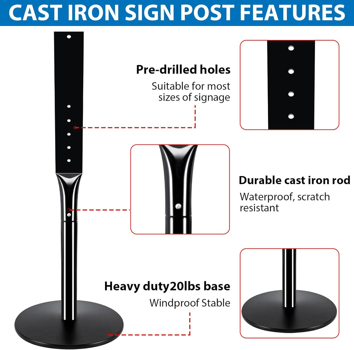 Heavy Duty Parking Sign Post Stand 49", 20lbs Cast Iron Base Sign Post for Outside Sign Holder, Yard Sign Stand, Street Sign Post, Black