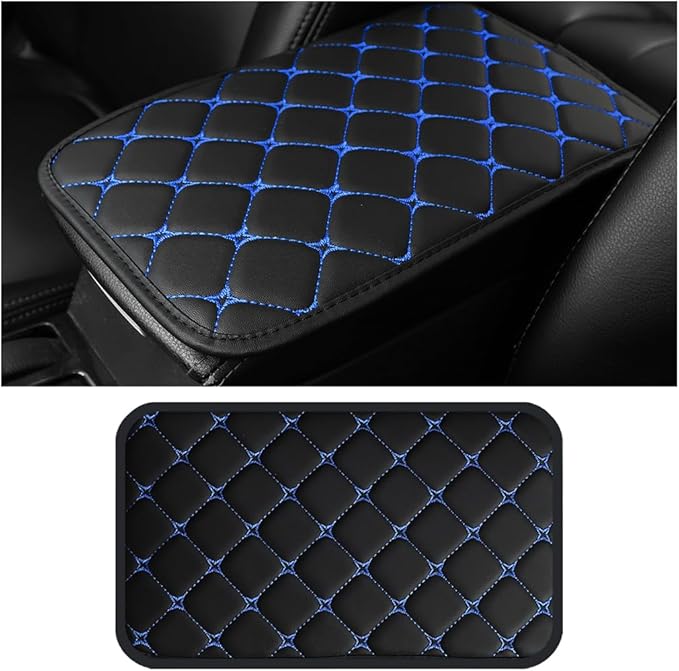 HZEL Car Center Console Cushion Pad, PU Leather Vehicle Armrest Protection Cover, Waterproof Automotive Interior Arm Rest Seat Box Mat Accessories, Universal for SUV, Sedan, Truck (Black/Blue)