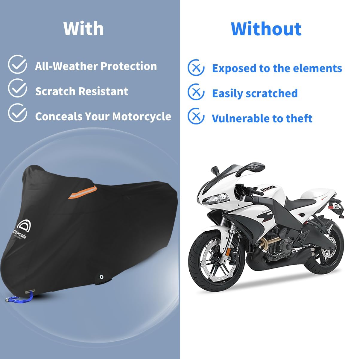 Motorcycle Cover All Season Waterproof Scooter Cover with Lock Holes and Inner Flame Retardant Cloth, Outdoor Motorcycle Cover Sun Rain Uv Protection Motorbike Cover Fits up to 90 inch Length Motors