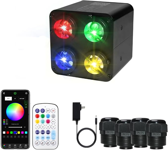 AZIMOM 4color 36W Twinkle Fiber Optic Starlight Box, 4Port Light Source Sound Activated Remote APP Control for Home Indoor Ceiling Car Headliner Star Lighting Decoration