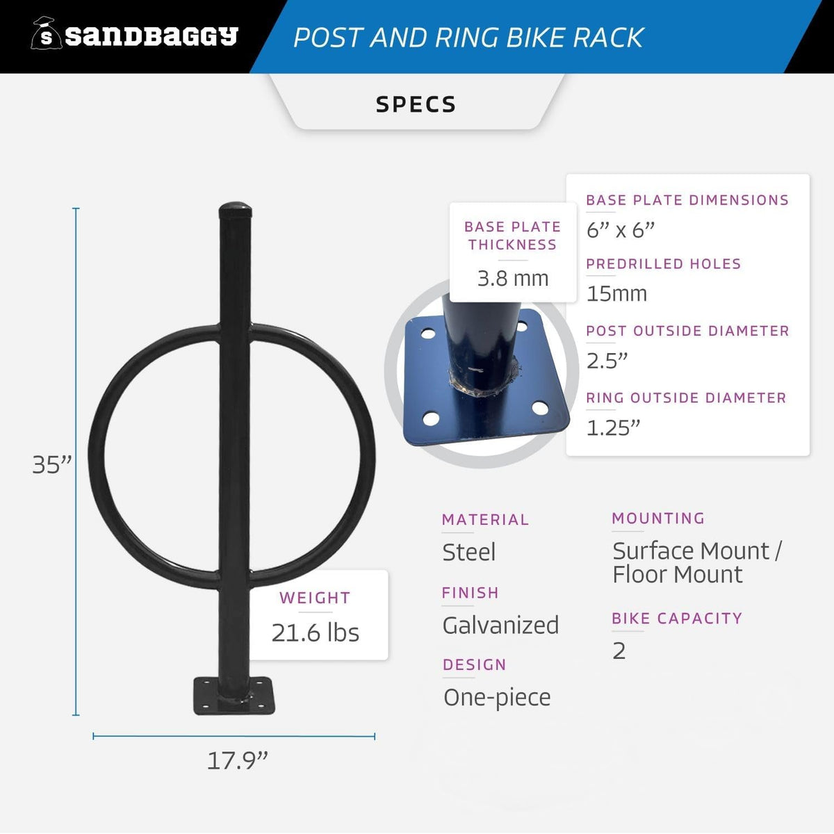 Sandbaggy Post and Ring Bike Rack - Commercial Bike Racks - Galvanized Steel - Anti-Theft Design - In Ground, Apartments, Sidewalks, Industrial (Blue, 20)