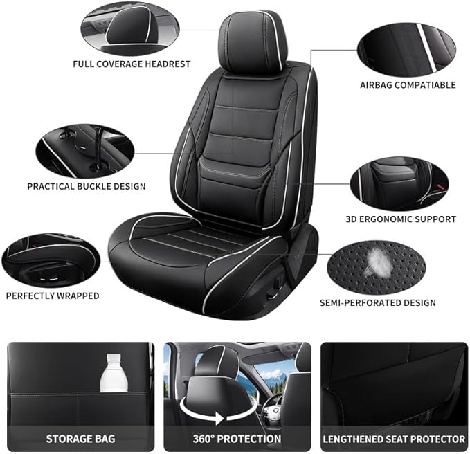 Car Seat Covers Full Set Custom Fit for Ford Focus 2000-2018-Luxury Leather with Lumbar Support, Breathable, Waterproof, Anti-Slip, Durable, Easy to Install (Black&White,Full Set)