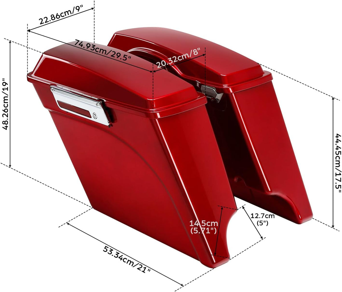 XFMT Motorcycle Stretched Saddlebags 5" Extended Hard Saddle Bags For Harley Touring Road King Street Glide Road Glide Electra Glide Ultra Classic 1993-2013, Red
