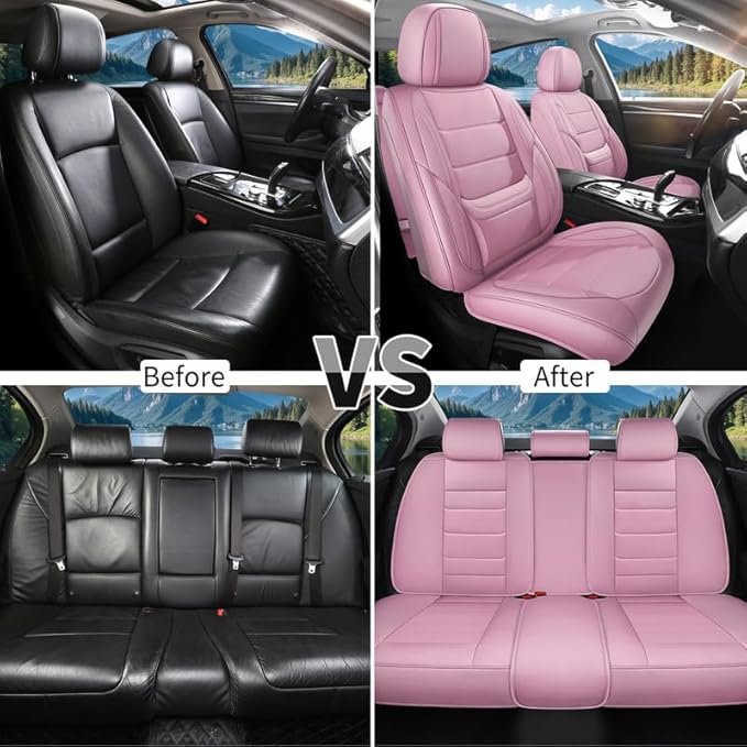 Car Seat Covers Full Set Custom Fit for Mercury Milan 2006-2011 - Premium Leather with Lumbar Support, Breathable, Anti-Slip & Excellent Seating Experience (Pink, Full Set)