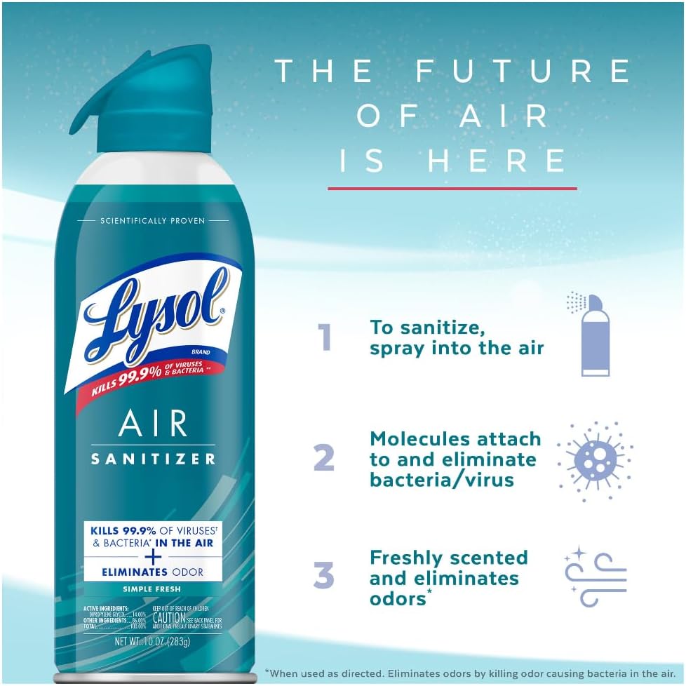 Lysol Air Sanitizer Spray, For Air Sanitization and Odor Elimination, Simple Fresh, Lavender, Cotton Blossom 10 Fl. Oz (Pack of 3)