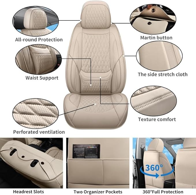 Front Seat Car Seat Covers Custom Fit for Mercury Grand Marquis 1995-2011 - Premium Faux Leather with Lumbar Support | Breathable, Waterproof, Anti-Slip, Durable (Beige,Front Seat)