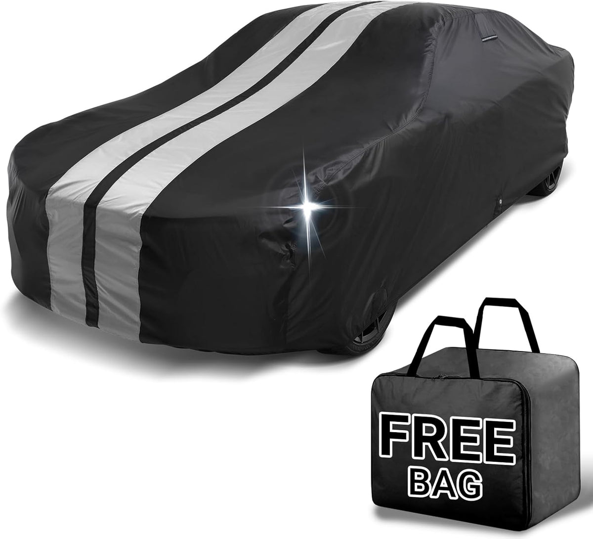 iCarCover Custom Car Cover for Chevy Nova 2-Door, 4-Door (1962-1967) Waterproof All Weather Rain Snow UV Sun Protector Full Exterior Indoor Outdoor Car Cover (Stripe - Black/Gray)