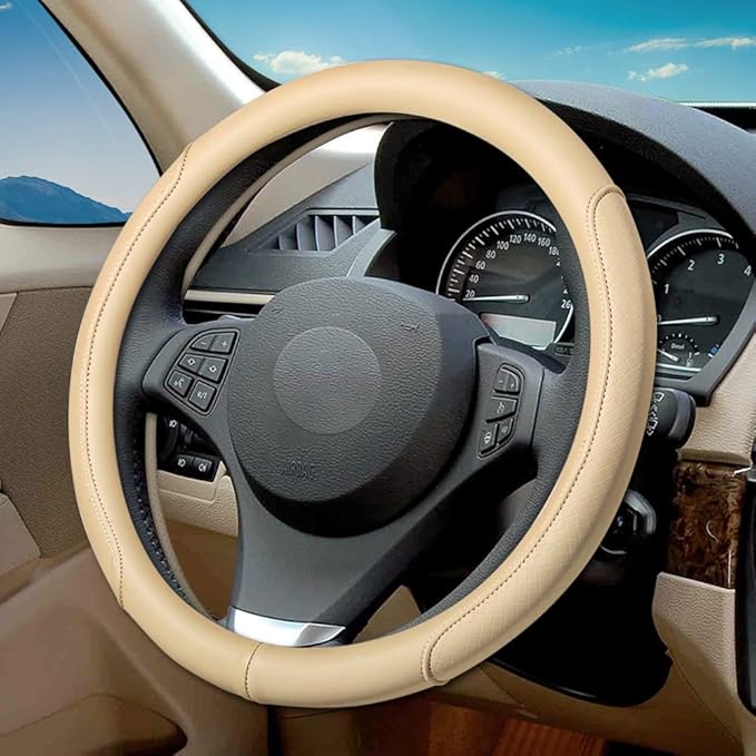 VARGTR Microfiber Leather Steering Wheel Cover with Classic Embossing, Anti-Slip Breathable Auto Car Wheel Protector, Fit 15 Inch (Beige)