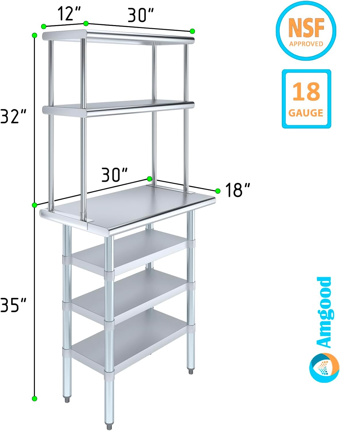 Amgood 18" x 30" Stainless Steel Work Table with 3 Shelves and 12" Wide Double Tier Overshelf | Metal Kitchen Prep Table & Shelving Combo | NSF