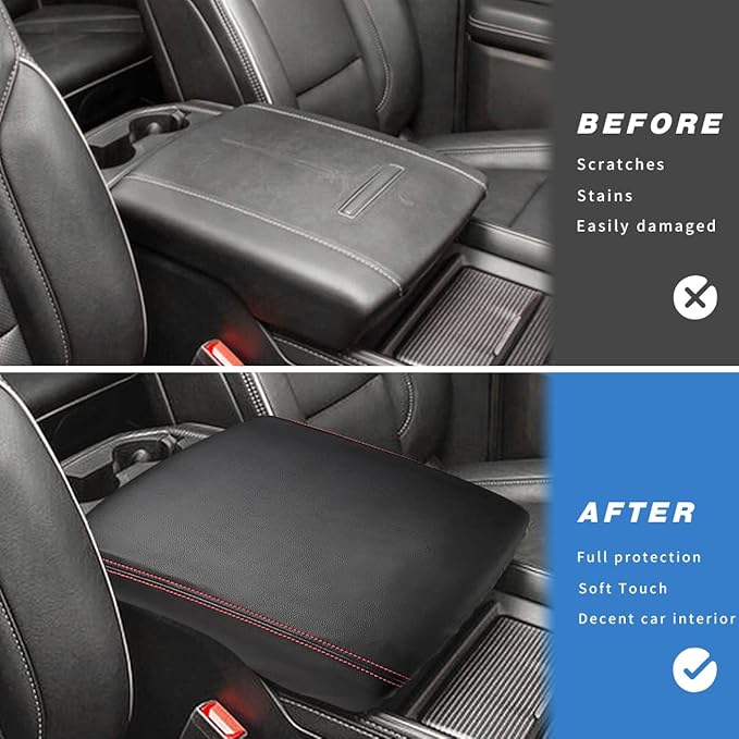 INTGET Car Center Console Armrest Cover for 2022 2023 Dodge Ram 1500 2500 3500 Accessories 2019 2020 2021 Arm Rest Box Lid Protector Pad Cushion Dog Seat Cover (Black with red Stitches)