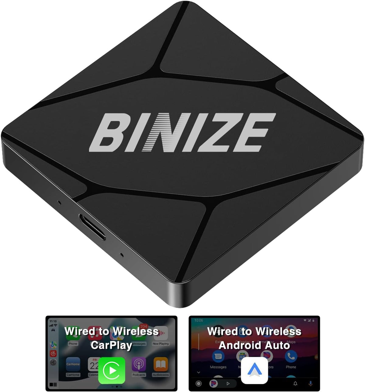 Binize Wirelss Carplay Adapter, Carplay Wireless Dongle for Factory Wired CarPlay Cars to Convert Wired to Wireless, Plug&Play, Latest BT 5.2, Fast WiFi 5.8GHz, USB/Type-C 2Cables