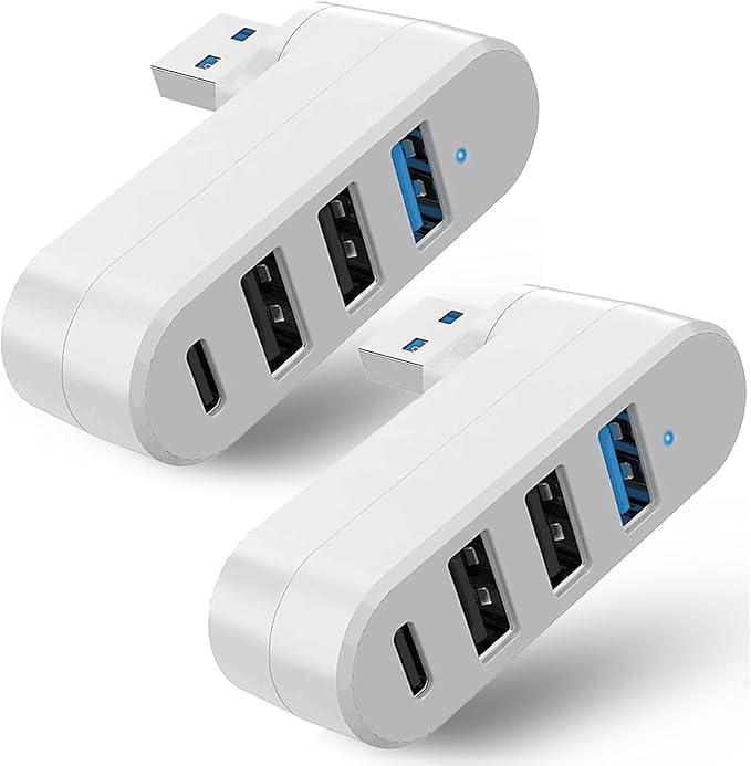 2 Pack 4-in-1 USB 3.0 Hub with Rotation, Multi-Port Adapter with 3 USB Ports and 1 USB C Port, High-Speed Data USB 3.0 Hub Compatible with Laptop/Table/Cellphone/Keyboard/Printer/MacBook