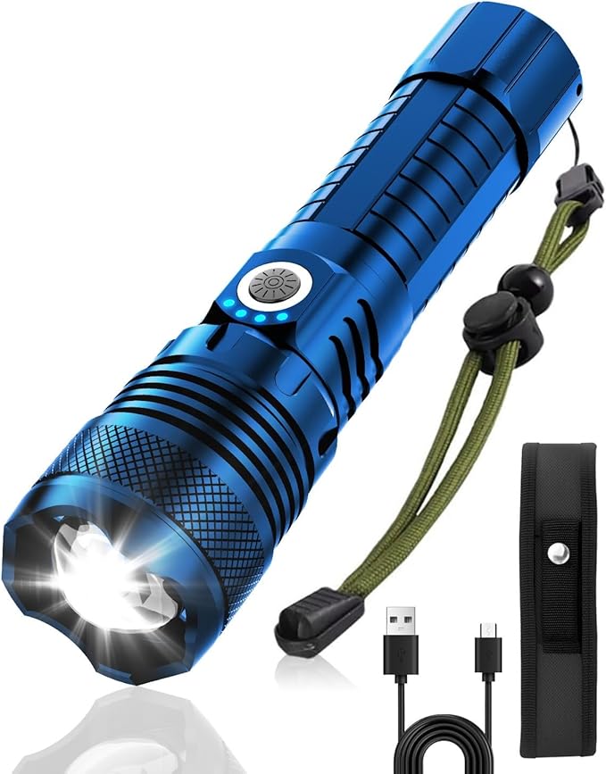 Victoper Blue LED Flashlights, High Powered High Lumens Super Bright Tactical Flashlight, Rechargeable, 5 Modes Zoomable Waterproof Flash Lights for Emergency, Outdoor, Home, Camping, Hiking