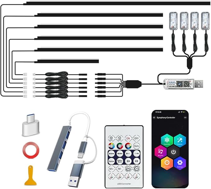 Acrylic Ambient Lighting Car Interior, 10 in 1 Dream Color Acrylic Led Strips Fiber Optic Lights Kit with APP USB Hub,Flexible Dynamic Neon Music Sync Emotion Glow Footwell Lighting for Car