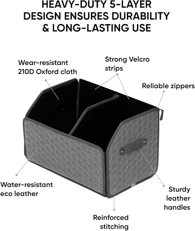 Owleys Foldable Trunk Organizer For Car - Trunk Organizers Car Storage - Collapsible Auto Trunk Organizer With Lid - Small And Large Cargo Organizer - Trunk Organization (Gray 21)