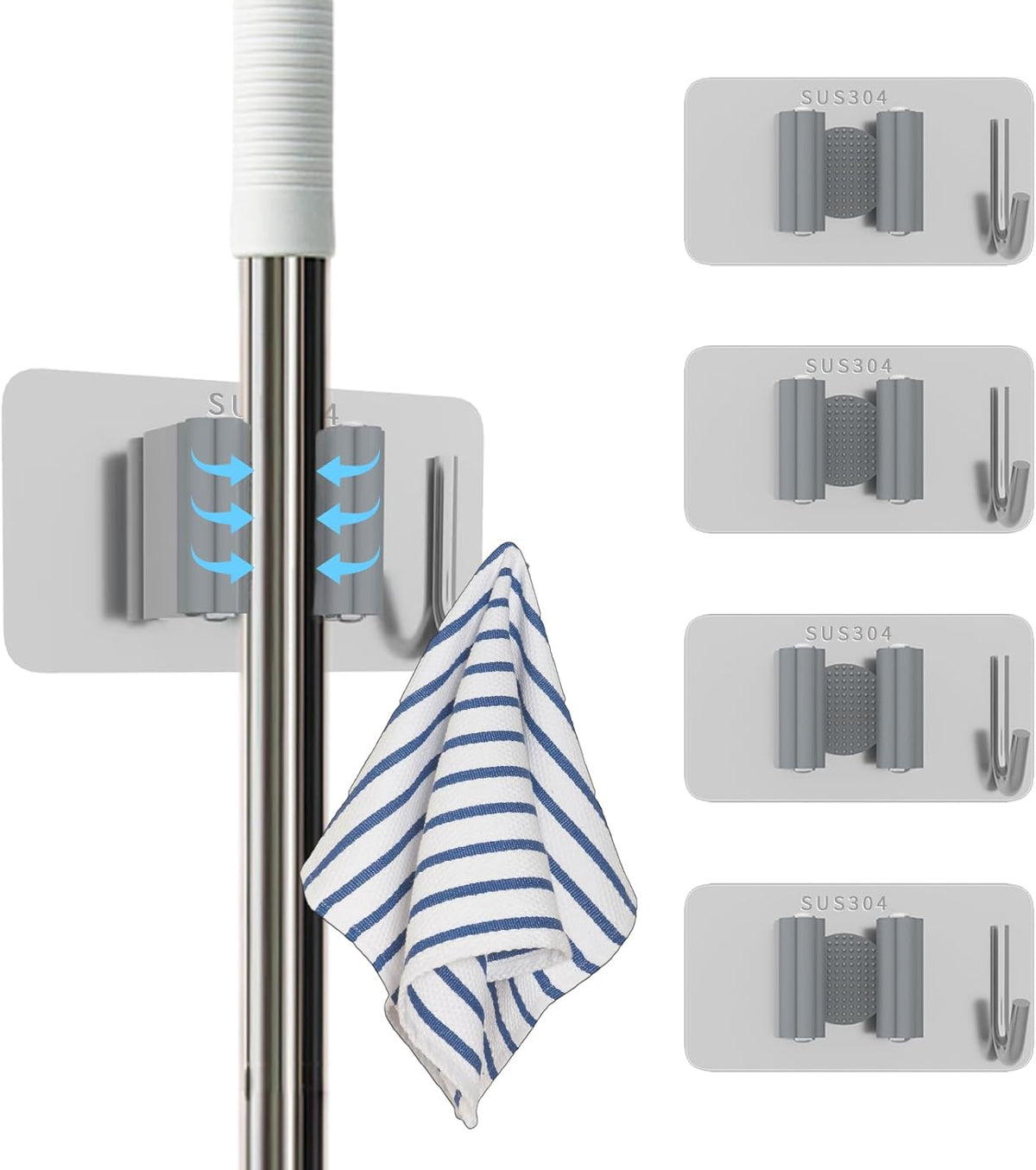 Stainless Steel Mop Holder Wall Mount – 4 Pack Heavy-Duty Broom Organizer with Strong Grip, Adhesive or Nail-Free Glue Installation for Bathroom, Kitchen, Garage