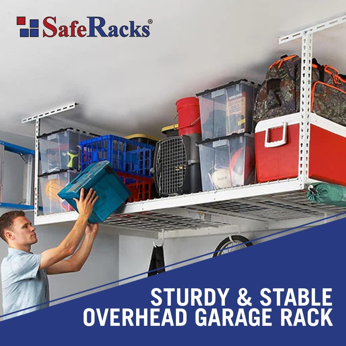 SafeRacks Overhead Garage Storage Rack, Heavy Duty Racks for Garage w/ 600 lb Capacity, Easy Garage Storage Adjustable Storage Rack Ceiling Mount Storage for Garage 4x8 White, 12"-21" (2 Pack)