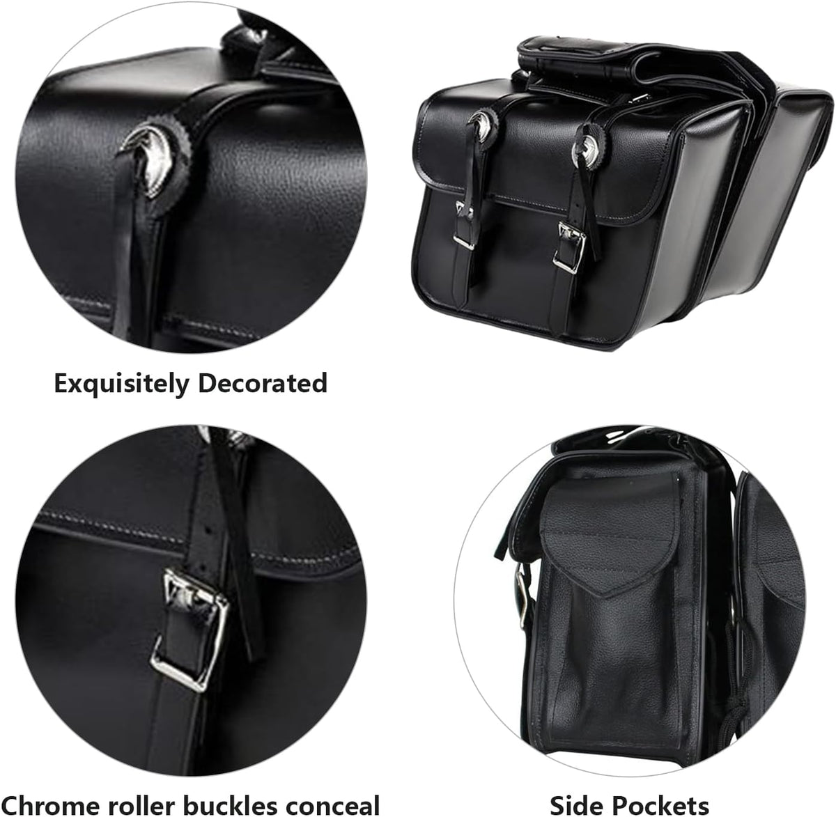 GARGOYLE BELLS Motorcycle Saddle Bags Leather Motorcycle Luggage Bag with Gun Holsters For Softails Sportsters and Choppers Tool Bags (Black Leather, 14" x 8" x 11")