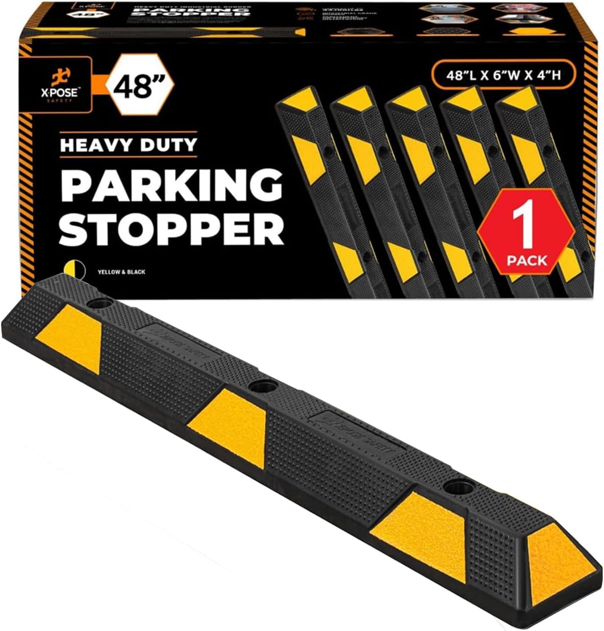 Xpose Safety 48" Heavy Duty Rubber Parking Stopper – 1 Pack Wheel Blocks for Garage, Driveway, or Ramp – Car Bumper Stop with Yellow Reflective Strips – Removable Floor Mount