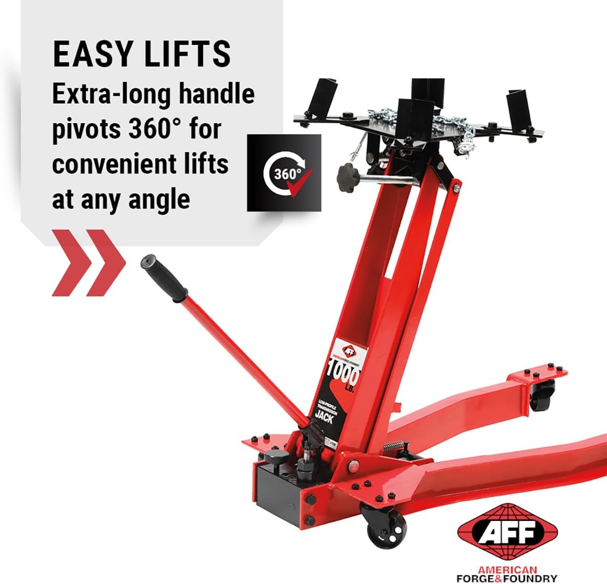 AFF Low Profile Manual Hydraulic Transmission Jack - Heavy Duty Steel Body, Adjustable Saddle with Safety Chain & 360 Handle - For Transmissions, Transfer Cases & Differentials (Multiple Capacities)